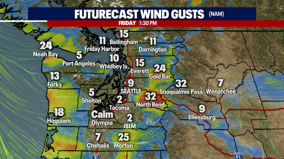 A map showing the Futurecast wind gusts in Western Washington Friday afternoon.