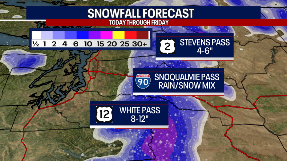 A map showing snow totals over three of the main Washington Cascade passes.