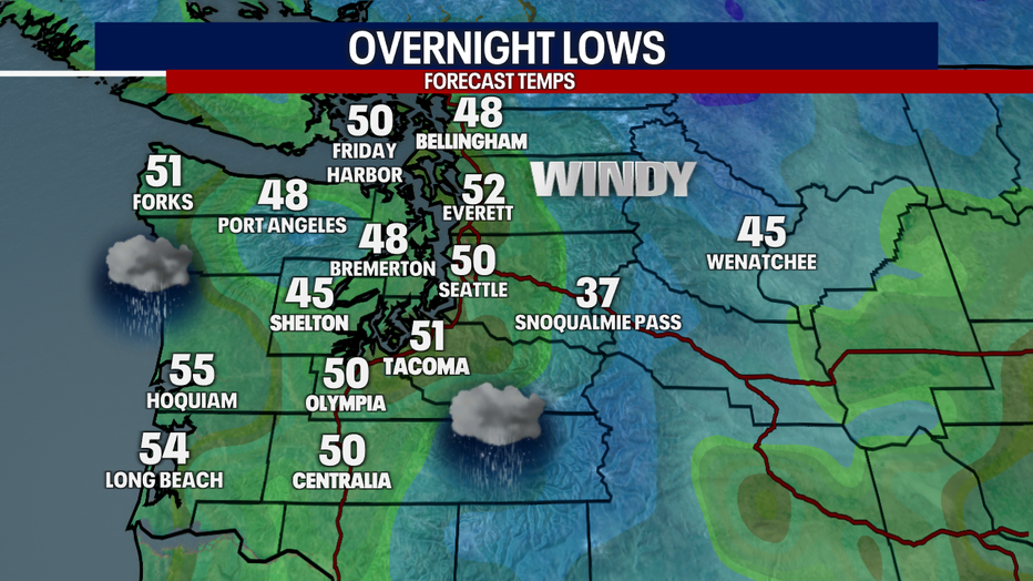 Wet and windy weather is possible north of Seattle overnight.