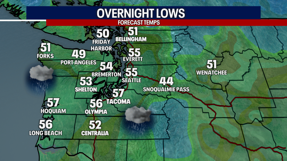 Mostly cloudy skies and damp weather are forecast overnight in the Seattle area.