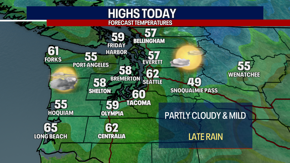 A map showing the high temperatures forecast for Friday in Western Washington.