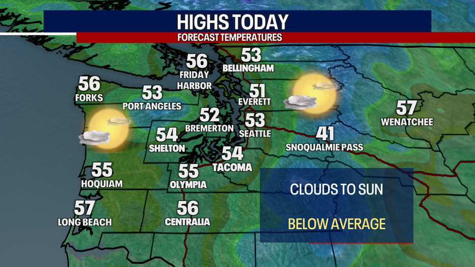 A map showing the high temperatures forecast in Western Washington Tuesday.