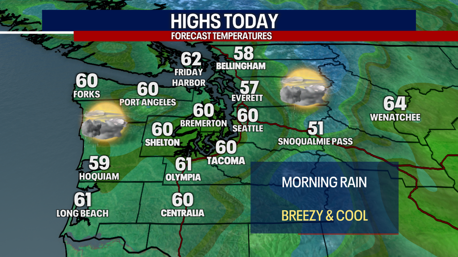 A map showing the high temperatures forecast for Western Washington Friday.