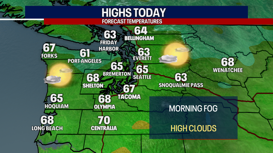 A map showing the forecasted high temperatures for Western Washington Friday.