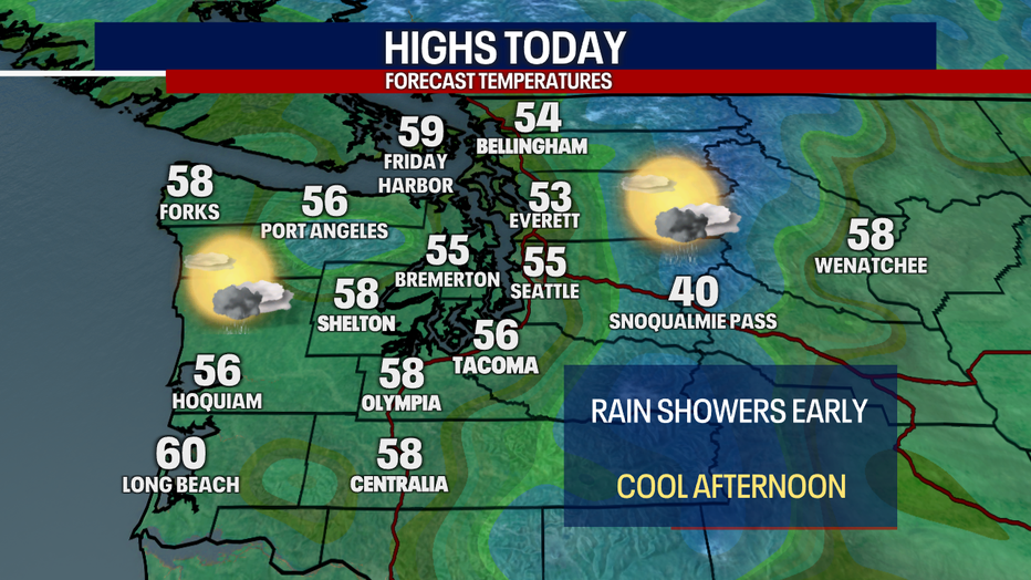 A map showing the high temperatures forecast for Thursday in Western Washington.