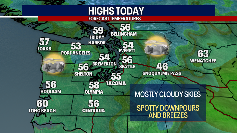 A map showing the high temperatures for Monday in Western Washington.