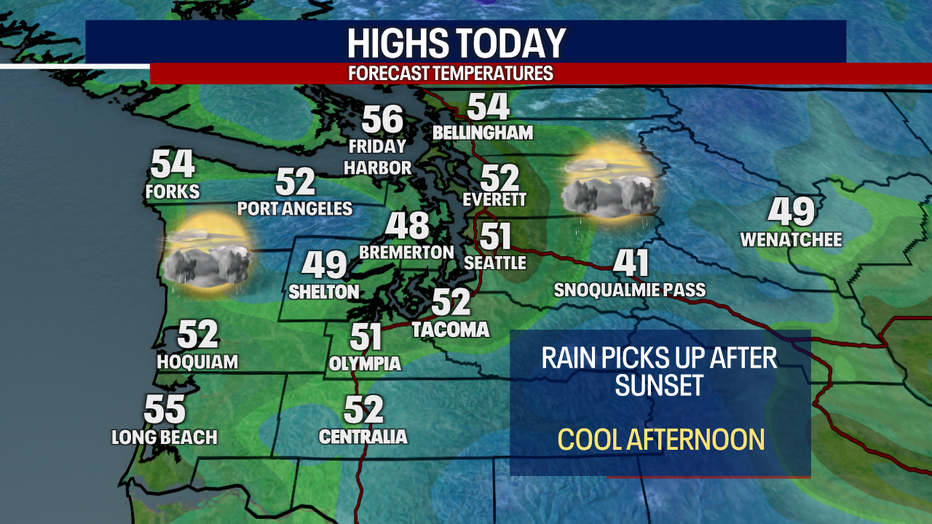 A map showing the forecast high temperatures for Western Washington Thursday.