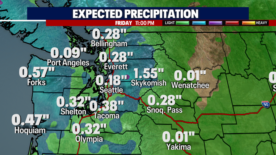 A map showing expected rain totals through Friday evening.