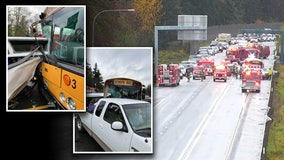 School bus, pickup truck crash closes southbound I-405 in Bothell