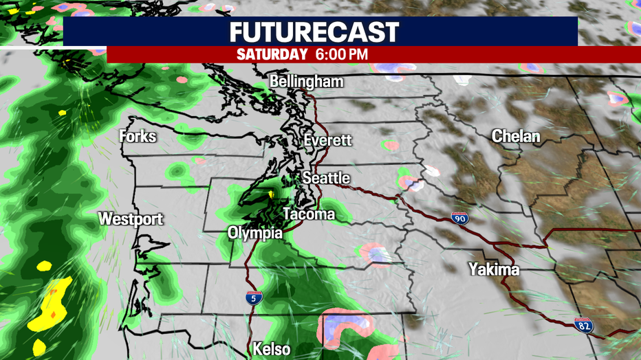 A map showing the expected rain Saturday afternoon in Western Washington.