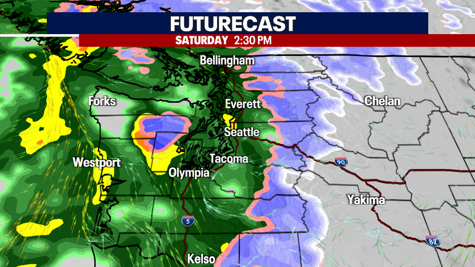 A map showing the increasing rain for Saturday afternoon.