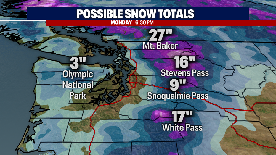 A map showing expected snow totals in the mountains through Monday.