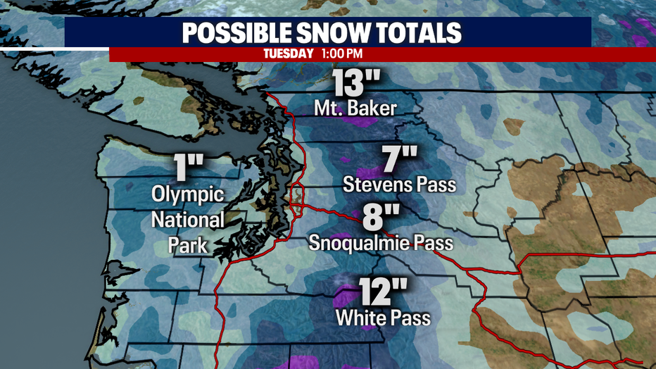 Estimated snowfall totals in the mountain passes.