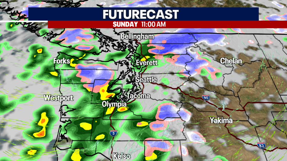 A map showing the rain and snow in Western Washington.