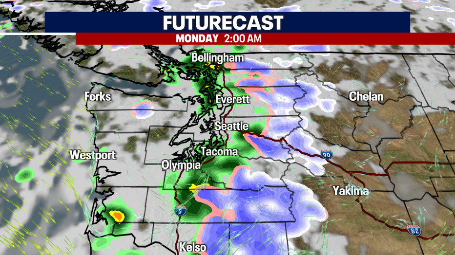 Rain and snow around Western Washington Sunday night.