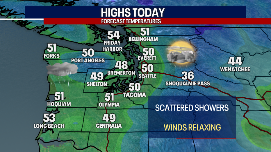 Highs in Seattle will reach the low 50s on Saturday afternoon.