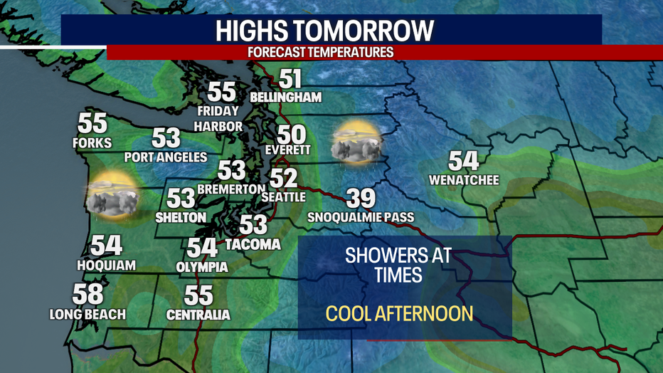 A map showing the forecast highs on Saturday in Western Washington.