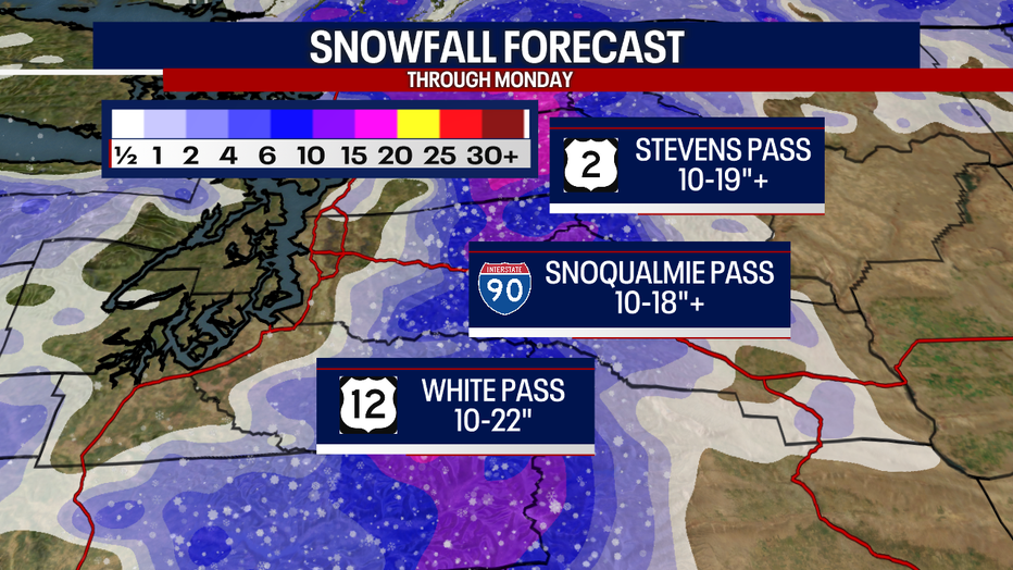 Snowy weather is predicted in the Cascades east of Seattle on Sunday and Monday.