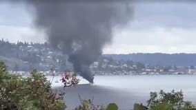 Boat goes up in flames in Elliott Bay just offshore West Seattle