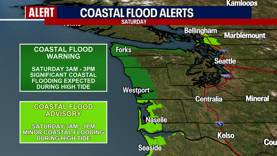 A map of coastal flood warnings in Washington.