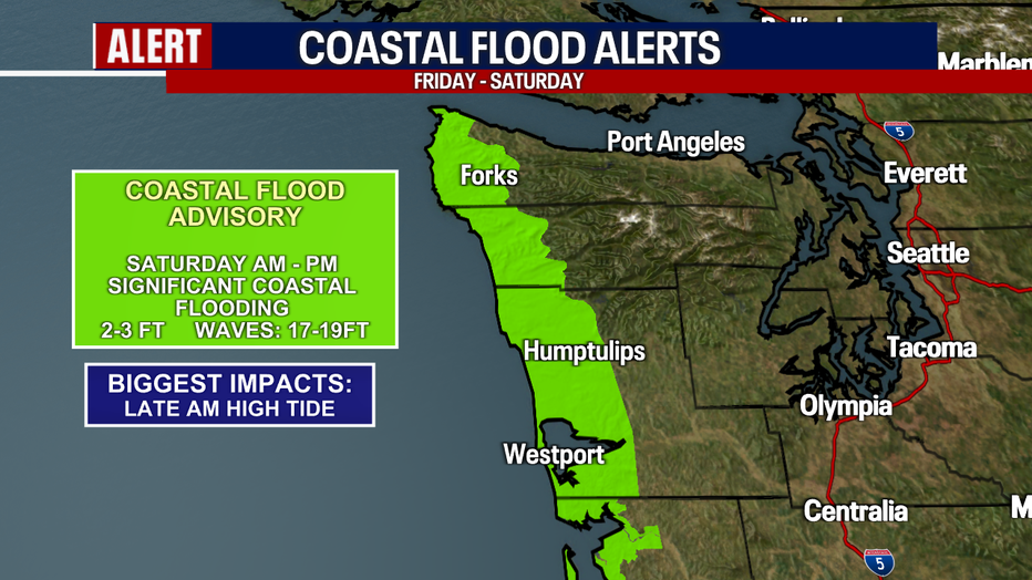 A map showing coastal flood warnings in Washington.