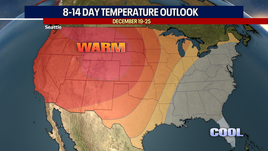 A map of the USA showing the temperature outlook for 8-14 days.