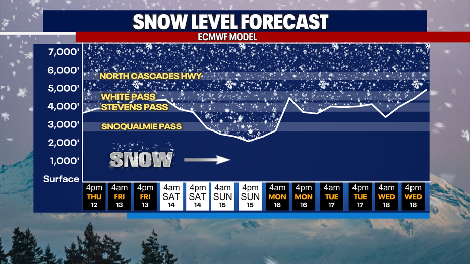 A graphic showing forecast snow amounts in the Washington Cascades.