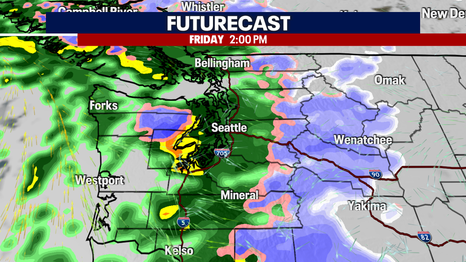 A map showing incoming rain Friday afternoon across Western Washington.