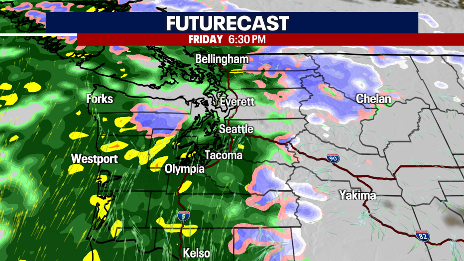 A map showing the futurecast rain for Friday night in Western Washington.