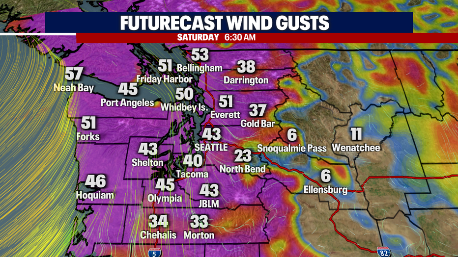 A map showing the expected wind gusts in Western Washington early Saturday.