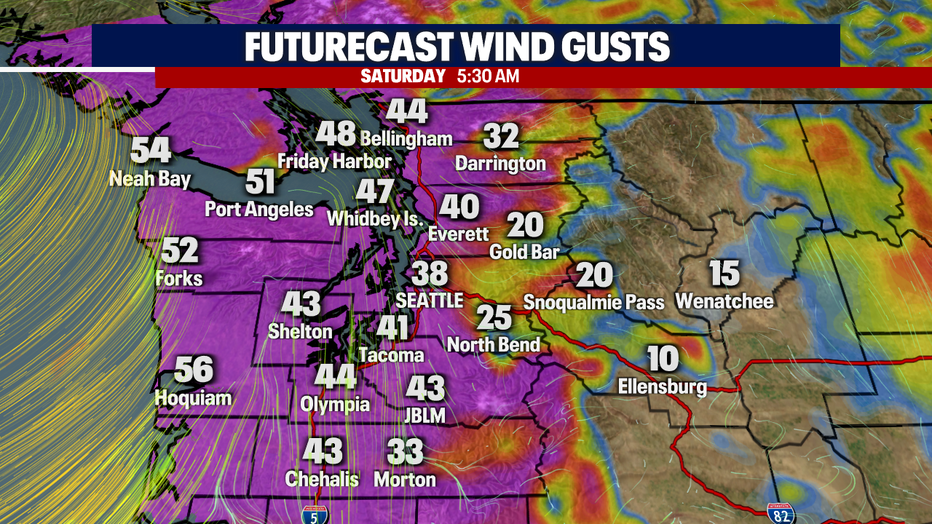 A map showing expected wind gusts in western Washington early Saturday.