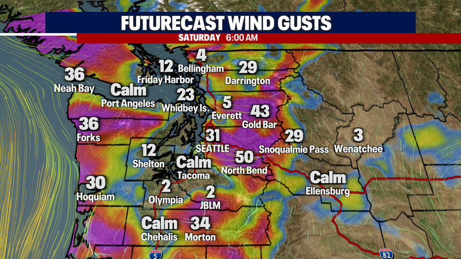 Gusty winds in our Cascade Foothills early Saturday morning.
