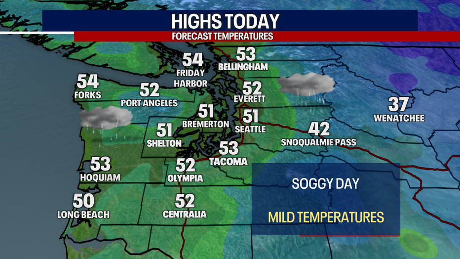 Mostly cloudy weather and highs in the low 50s are forecast in Seattle on Saturday.