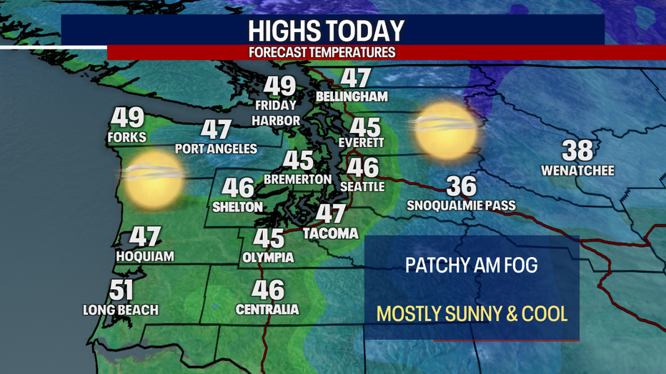 People in Seattle can expect cool, dry and sunny weather today.