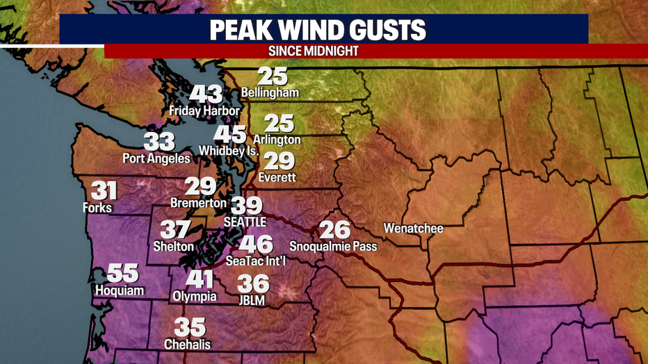A map showing the peak wind gusts since midnight Thursday.