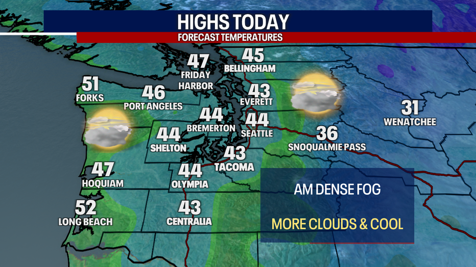 A map showing the high temperatures expected in Western Washington Tuesday.
