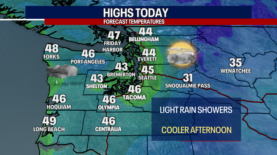 A map showing high temperatures forecast for Thursday in western Washington.