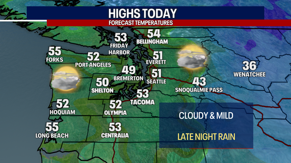 A map showing the high temperatures forecast for Friday in Western Washington.