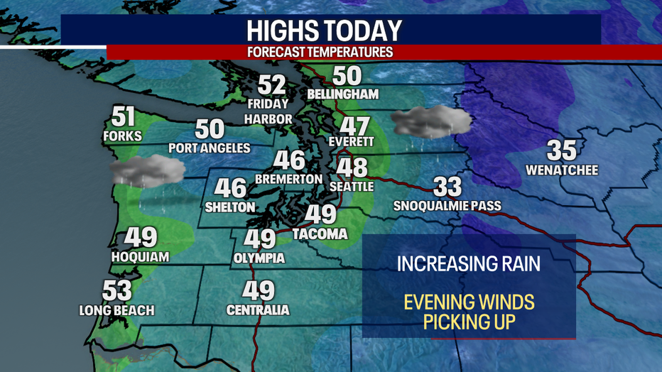 A map showing the high temperatures expected Friday afternoon in Western Washington.