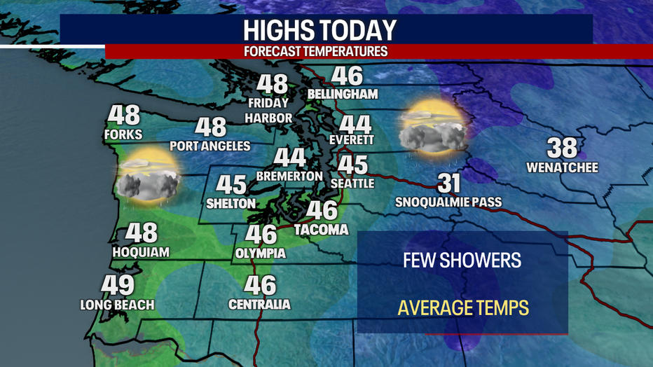 A map showing the high temperatures expected in Western Washington Monday.