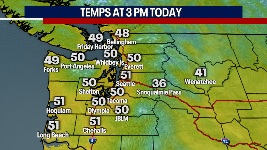 Temperatures will reach either side of 50 degrees on Tuesday afternoon in Seattle.