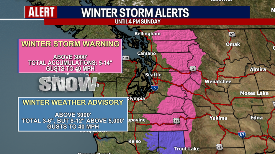 Winter weather is forecast for the Cascades east of Seattle on Sunday.