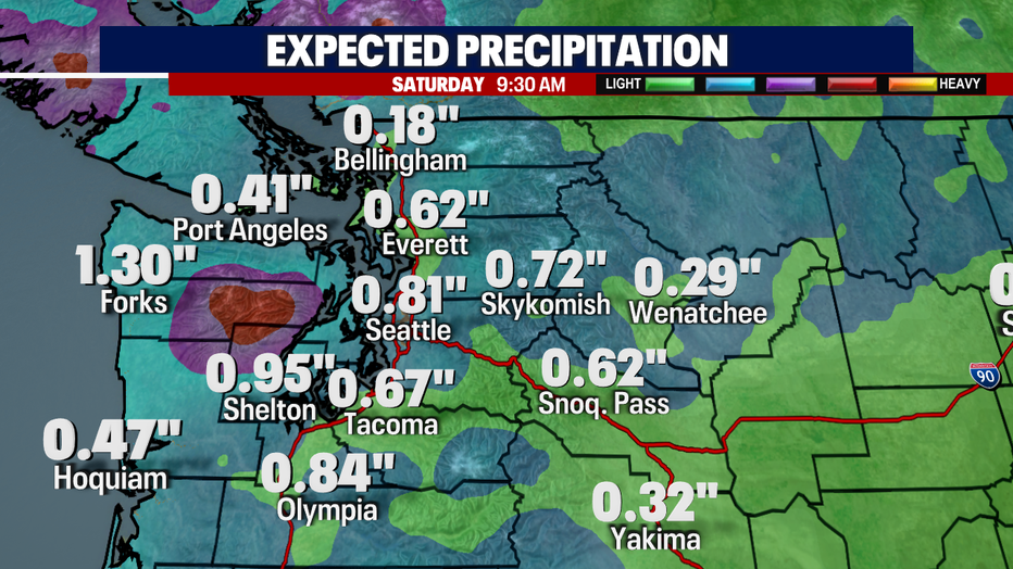 A map showing expected rainfall amounts in western WA through Saturday morning.