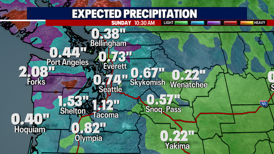 A map showing the expected precipitation amounts through Sunday morning in Western Washington.