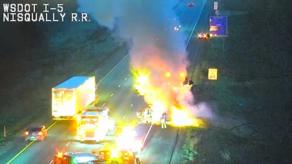 Burning vehicle blocks lanes on NB I-5 near JBLM