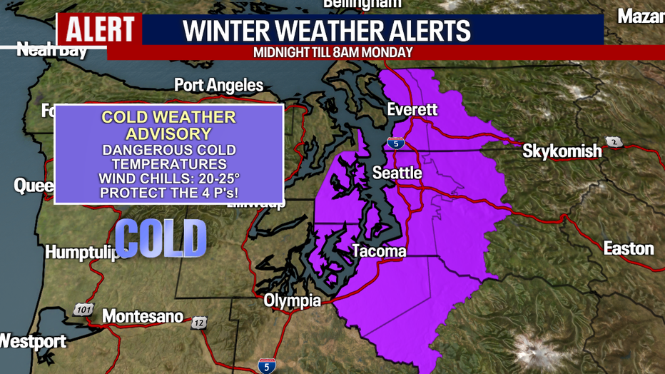 Dangerous cold settles in overnight with temperatures well below freezing.