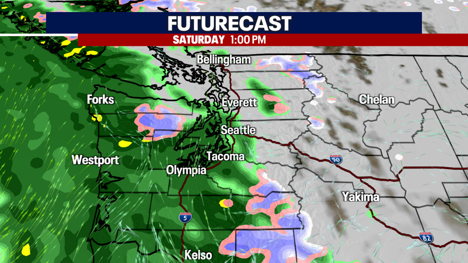 A map showing the futurecast for rain and clouds increasing during the day Saturday.