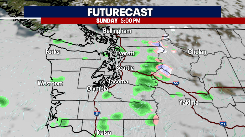 A map showing the futurecast for rain and clouds decreasing during the day Sunday.