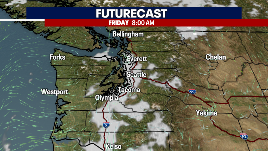 Map showing increasing clouds around Western Washington.