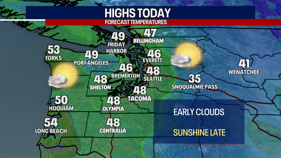 Cloudy weather will give way to sunbreaks on Monday afternoon in Seattle.